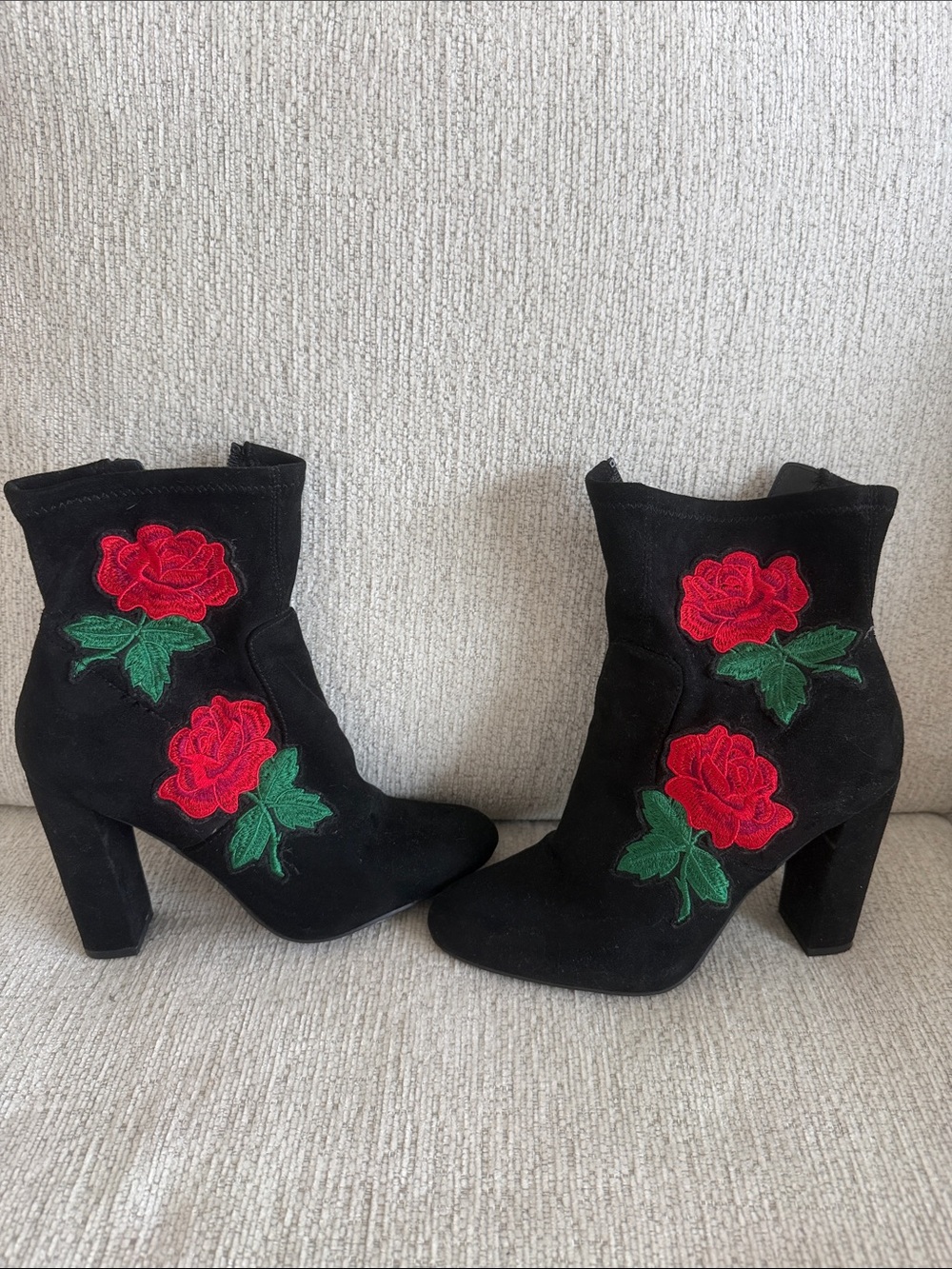 Steve Madden Black Suede Ankle Boots with Red Rose Embroidery